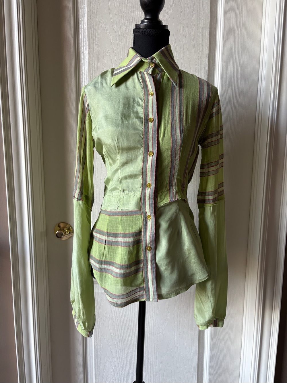 Y2K Light Green Striped Button-Front Blouse